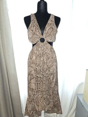 Indulge Cutout Snake-Print Midi Dress in Taupe Size S